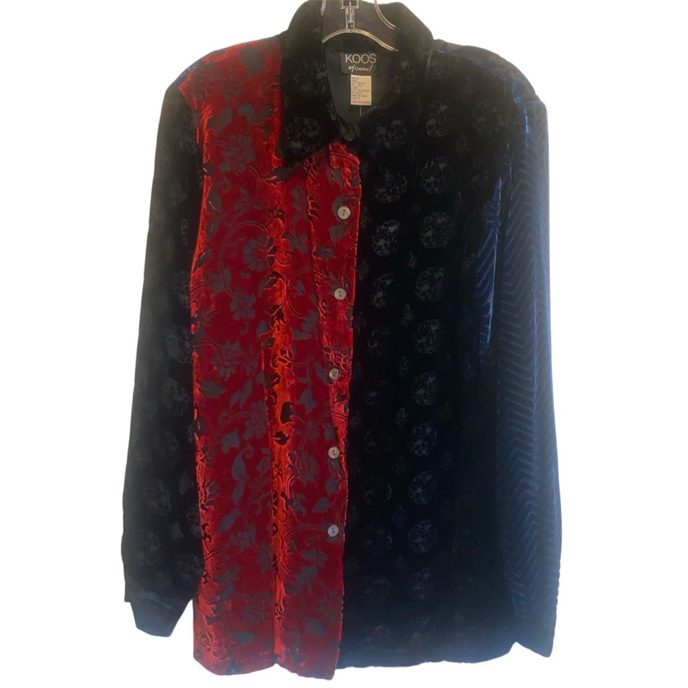 KOOS of Course Y2K Black Red Burnout Velvet‎ Silk Blend Button Shirt M NWT